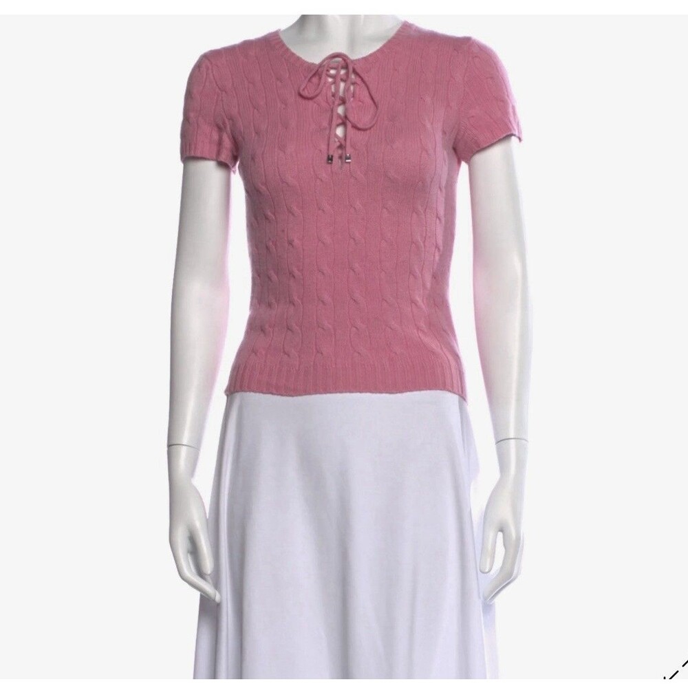 Ralph Lauren Women L Pink Short Sleeve Cable Knit 100% Cashmere Tie Neck